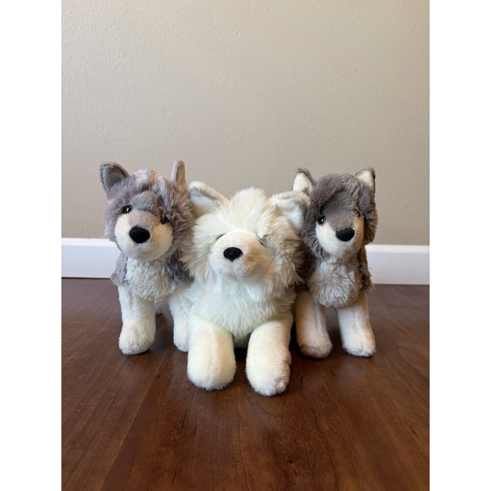 Douglas Cuddle Toys Yuki Arctic Fox #1727 Stuffed Animal Toy & 2 Gray wolves